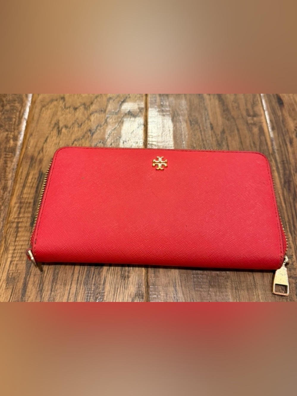 Tory Burch Red Zip-Around Saffiano Leather Wallet with Gold Logo